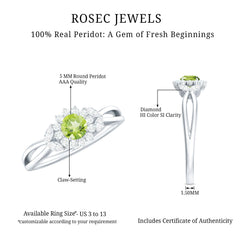 Natural 0.5 Carat Peridot Flower Engagement Ring with Diamond
