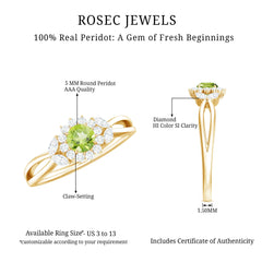 Natural 0.5 Carat Peridot Flower Engagement Ring with Diamond