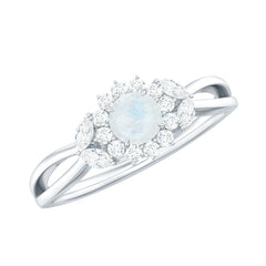 Real Moonstone and Diamond Flower Engagement Ring with Split Shank