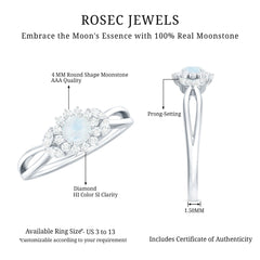 Real Moonstone and Diamond Flower Engagement Ring with Split Shank
