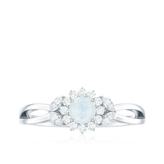 Real Moonstone and Diamond Flower Engagement Ring with Split Shank