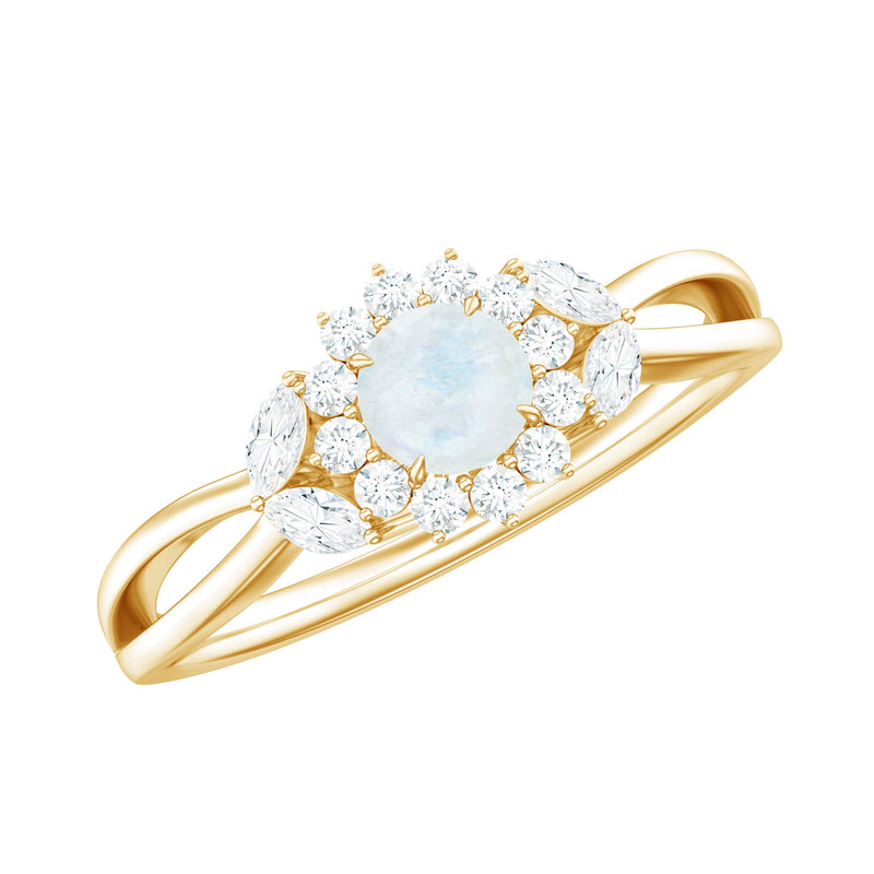 Real Moonstone and Diamond Flower Engagement Ring with Split Shank