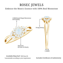 Real Moonstone and Diamond Flower Engagement Ring with Split Shank