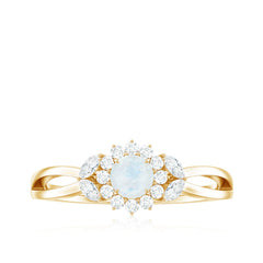 Real Moonstone and Diamond Flower Engagement Ring with Split Shank