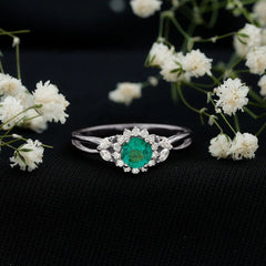 Real Emerald and Diamond Flower Engagement Ring with Split Shank