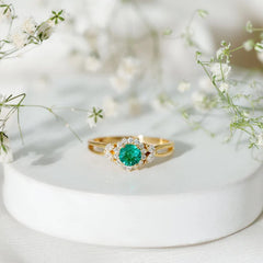 Real Emerald and Diamond Flower Engagement Ring with Split Shank