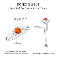 Fire Opal and Diamond Flower Engagement Ring with Split Shank