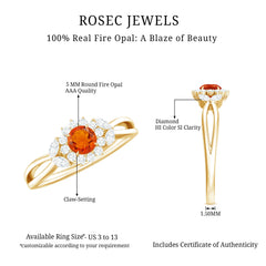 Fire Opal and Diamond Flower Engagement Ring with Split Shank