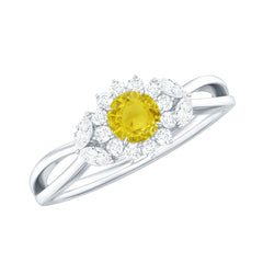 Real Yellow Sapphire Flower Engagement Ring with Diamond