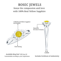 Real Yellow Sapphire Flower Engagement Ring with Diamond
