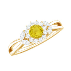 Real Yellow Sapphire Flower Engagement Ring with Diamond