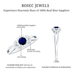 Split Shank Blue Sapphire Flower Engagement Ring with Moissanite