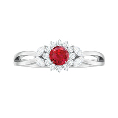 Lab Ruby and Diamond Flower Engagement Ring in Split Shank