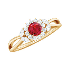 Lab Ruby and Diamond Flower Engagement Ring in Split Shank