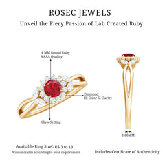 Lab Ruby and Diamond Flower Engagement Ring in Split Shank