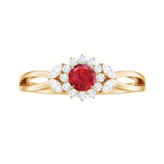Lab Ruby and Diamond Flower Engagement Ring in Split Shank