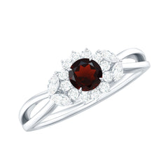 Natural Garnet Diamond Flower Engagement Ring with Split Shank