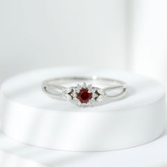 Natural Garnet Diamond Flower Engagement Ring with Split Shank