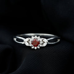 Natural Garnet Diamond Flower Engagement Ring with Split Shank