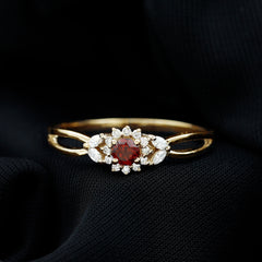 Natural Garnet Diamond Flower Engagement Ring with Split Shank