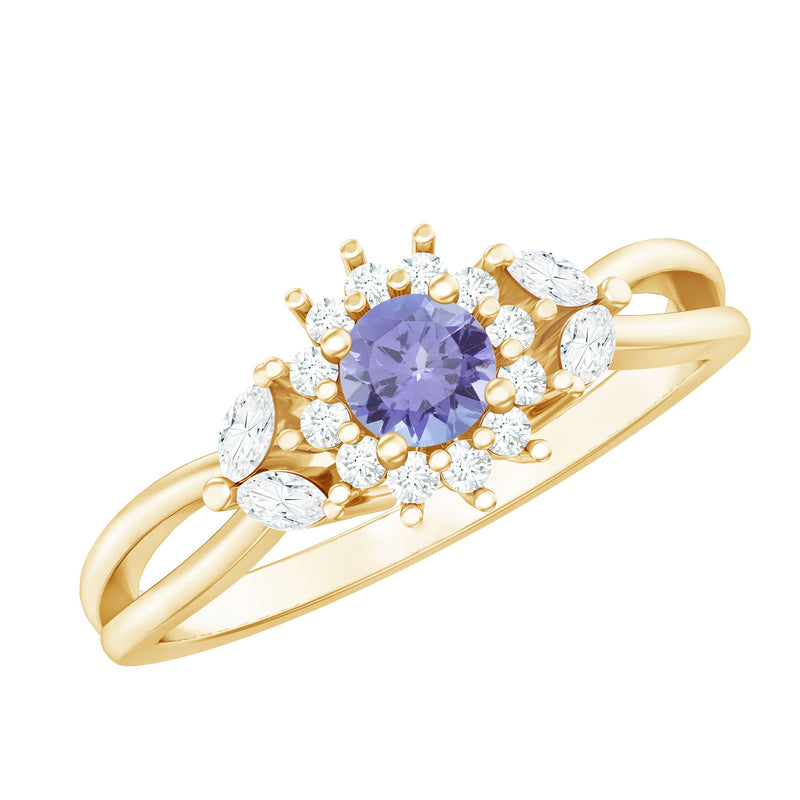Genuine Tanzanite and Diamond Nature Engagement Ring with Split Shank