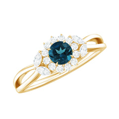 5mm London Blue Topaz Floral Engagement Ring with Diamond
