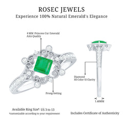 Antique Looking Emerald and Diamond Engagement Ring for Women