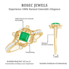 Antique Looking Emerald and Diamond Engagement Ring for Women
