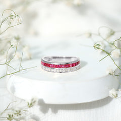 Natural 0.7 Carat Princess Cut Ruby Diamond Wedding Band Ring for Women