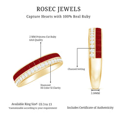 Natural 0.7 Carat Princess Cut Ruby Diamond Wedding Band Ring for Women