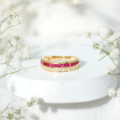 Natural 0.7 Carat Princess Cut Ruby Diamond Wedding Band Ring for Women