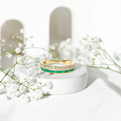Natural Emerald and Diamond Half Eternity Wedding Band