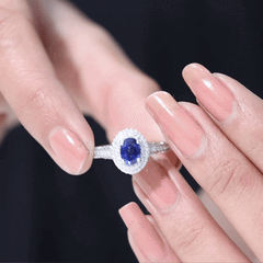 1 Carat Oval Lab Grown Blue Sapphire Diamond Vintage Engagement Ring with Double Halo