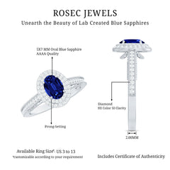 1 Carat Oval Lab Grown Blue Sapphire Diamond Vintage Engagement Ring with Double Halo