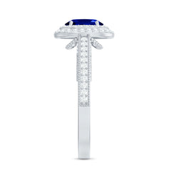 1 Carat Oval Lab Grown Blue Sapphire Diamond Vintage Engagement Ring with Double Halo