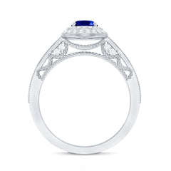 1 Carat Oval Lab Grown Blue Sapphire Diamond Vintage Engagement Ring with Double Halo