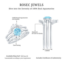 Real Aquamarine Designer Trio Wedding Ring Set with Diamond