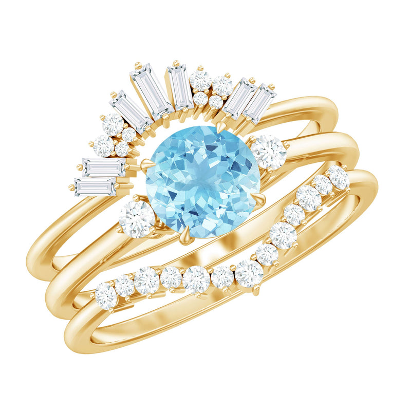 Real Aquamarine Designer Trio Wedding Ring Set with Diamond