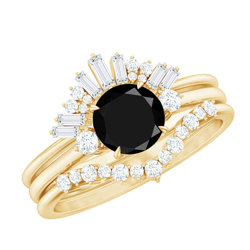 Vintage Looking Black Spinel 3 Piece Bridal Ring Set with Moissanite