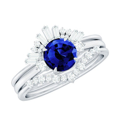 Certified Lab Grown Blue Sapphire 3 Piece Bridal Ring Set with Diamond