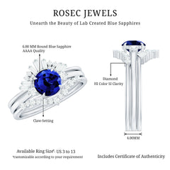 Certified Lab Grown Blue Sapphire 3 Piece Bridal Ring Set with Diamond