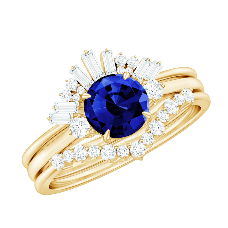 Certified Lab Grown Blue Sapphire 3 Piece Bridal Ring Set with Diamond