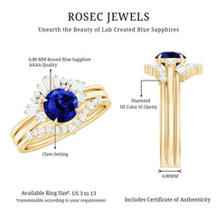 Certified Lab Grown Blue Sapphire 3 Piece Bridal Ring Set with Diamond