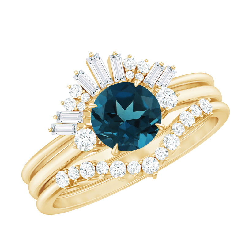 Vintage Inspired London Blue Topaz and Diamond Trio Wedding Ring Set