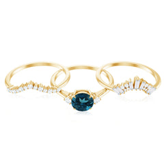 Vintage Inspired London Blue Topaz and Diamond Trio Wedding Ring Set