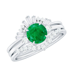 Vintage Inspired Emerald Diamond Wedding Bridal Ring Set of 3
