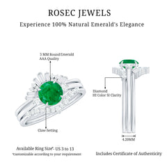 Vintage Inspired Emerald Diamond Wedding Bridal Ring Set of 3