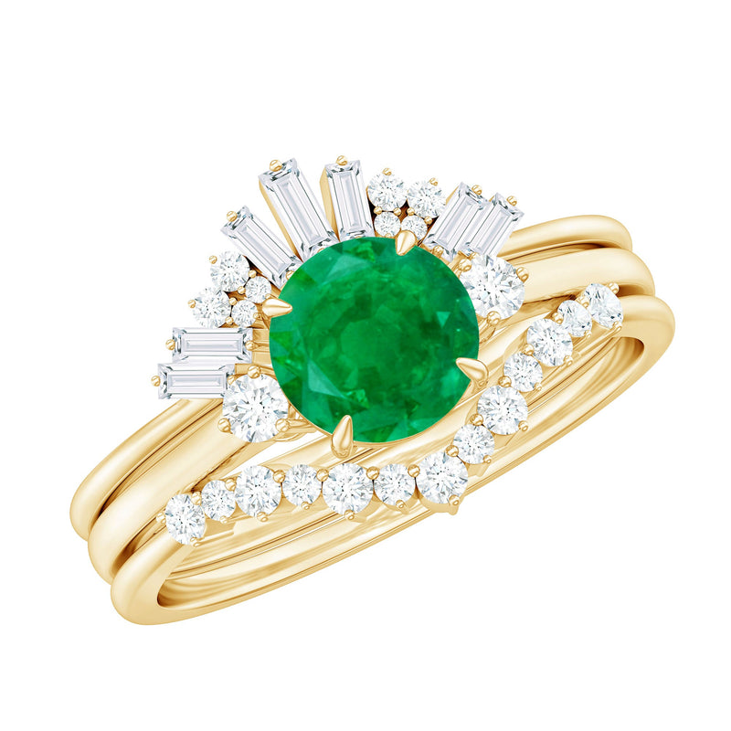 Vintage Inspired Emerald Diamond Wedding Bridal Ring Set of 3