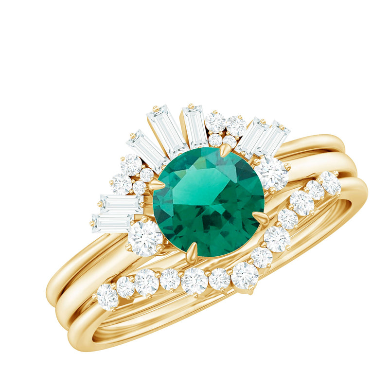 Vintage Inspired Lab Grown Emerald Diamond Wedding Bridal Ring Set of 3