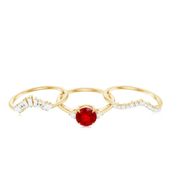 Vintage Inspired Lab Ruby and Diamond Trio Wedding Ring Set